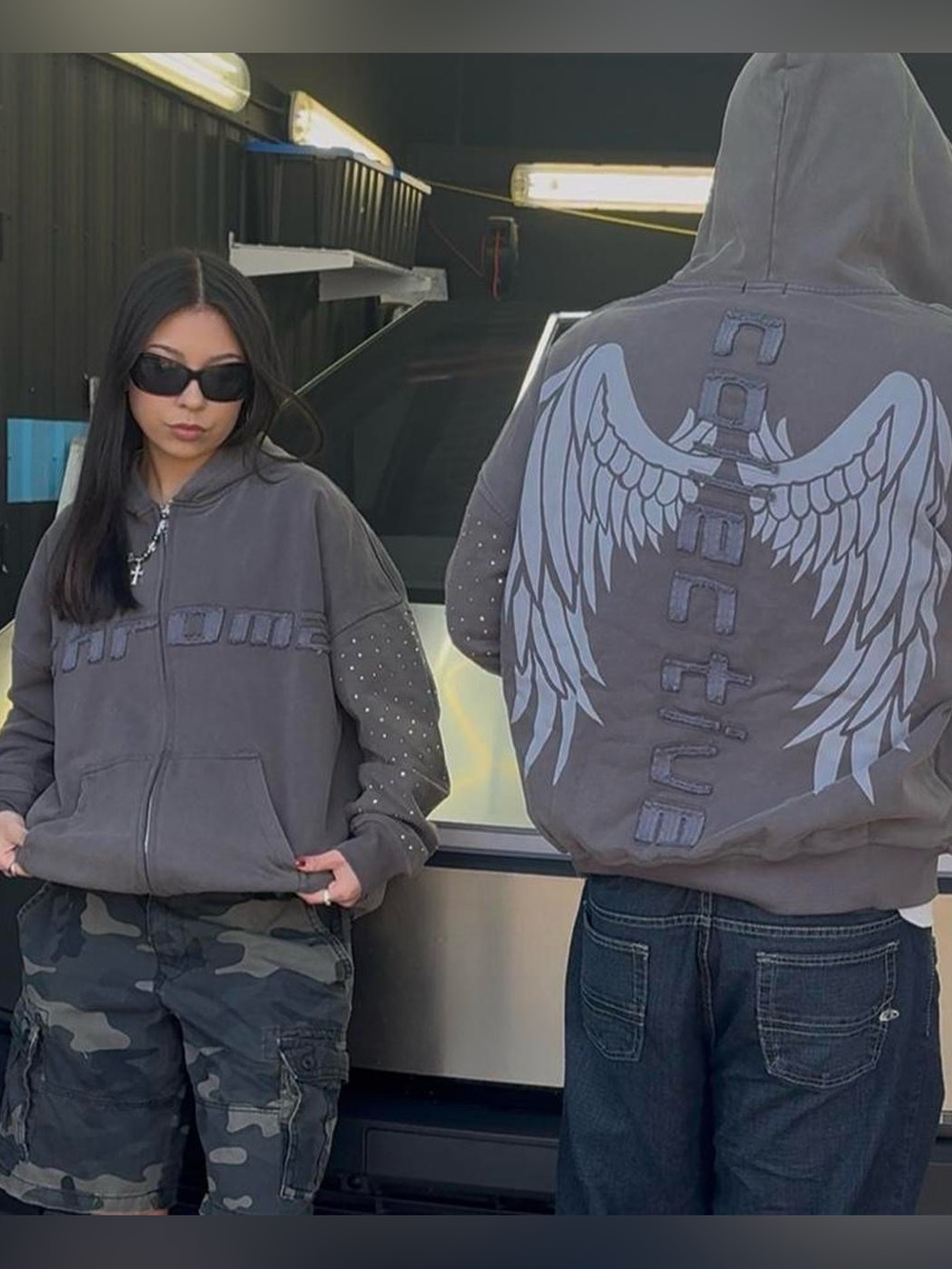 Chroma Collective Grey zip up hoodie with angel wings & rhinestone sleeve